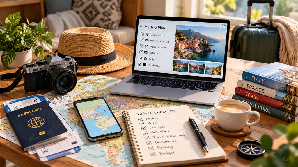 Organized travel planning with itinerary, checklist, map and travel documents