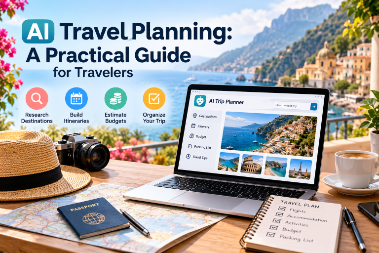 AI travel planning with laptop, itinerary, map, and travel notes