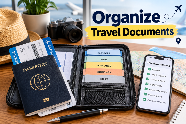 Organized travel documents with passport, visas, insurance, booking confirmations, and travel checklist