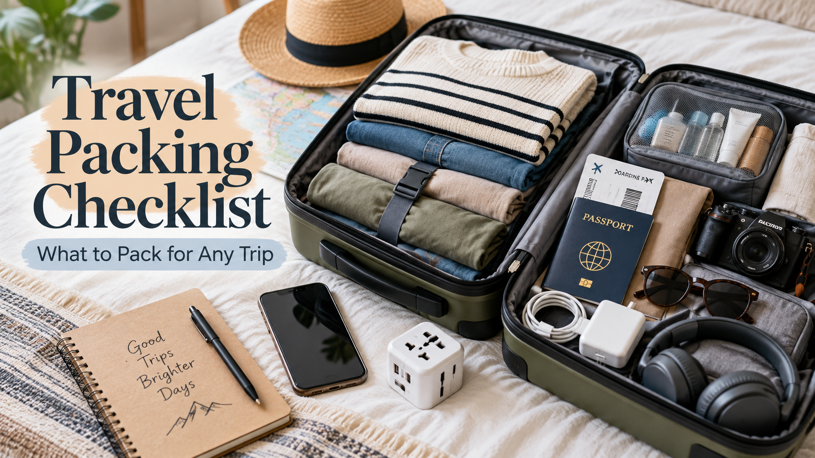 Travel packing checklist with suitcase and essential travel items