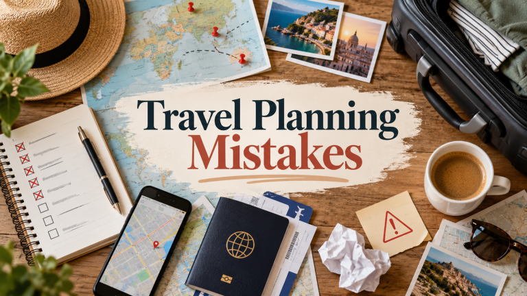 Travel planning mistakes with map, passport, checklist, and luggage